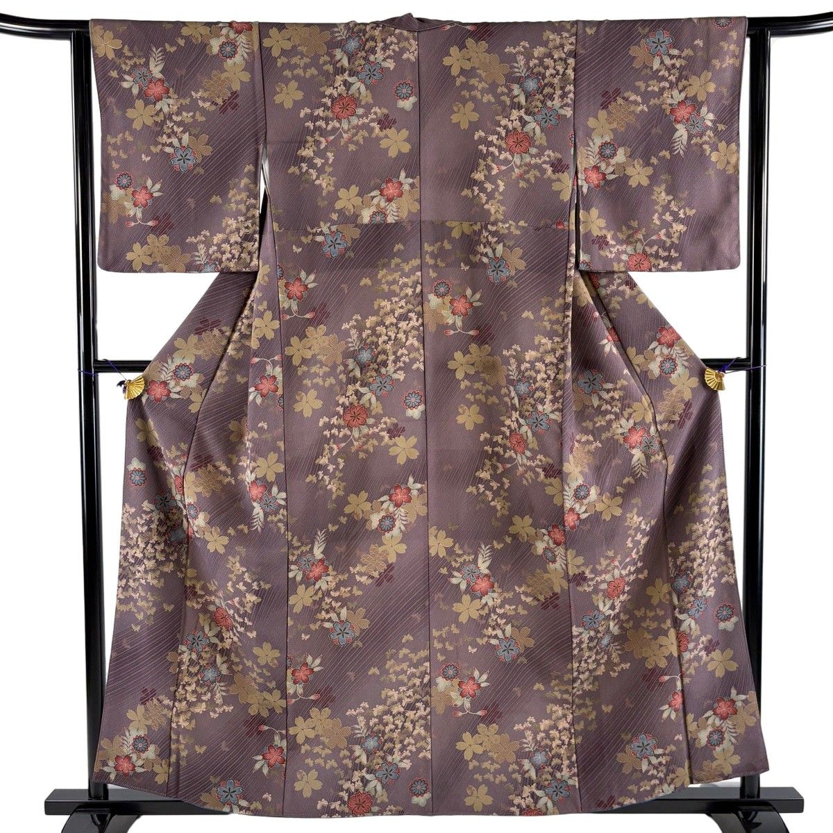 【美品】 小紋 身丈159cm 裄丈62cm S 袷 桜 蝶 灰紫 正絹 秀品 【中古】