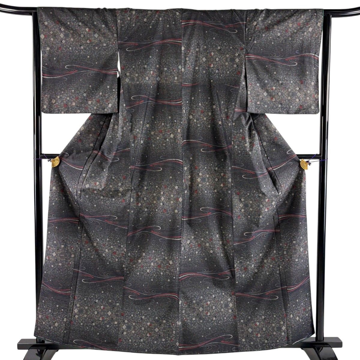 【美品】 大島紬 身丈161cm 裄丈64cm M 袷 証紙 幾何学模様 流水 墨色 正絹 秀品 【中古】