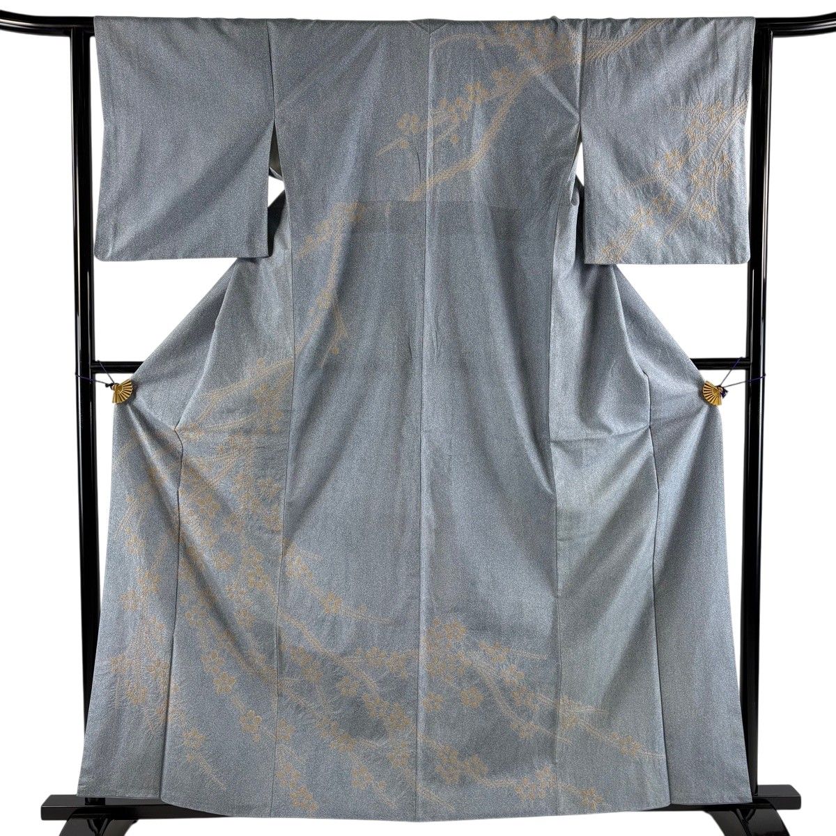 訪問着 身丈161cm 裄丈62.5cm S 袷 紬地 梅 金彩 青灰色 正絹 秀品 【中古】