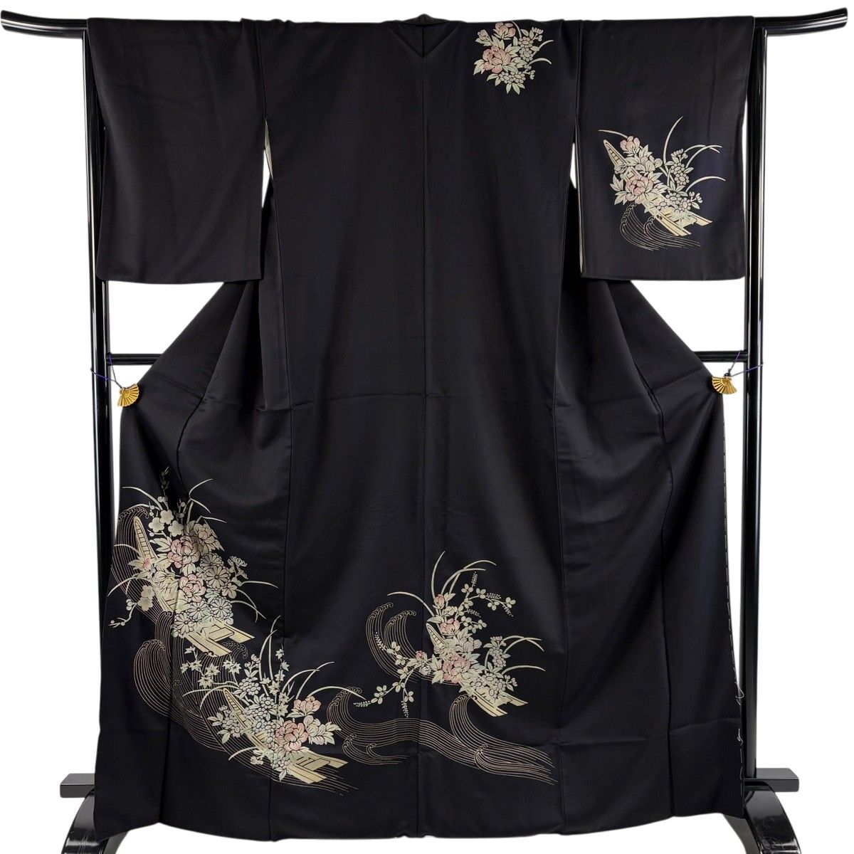訪問着 身丈168cm 裄丈66cm M 袷 舟 草花 金銀彩 黒 正絹 秀品 【中古】