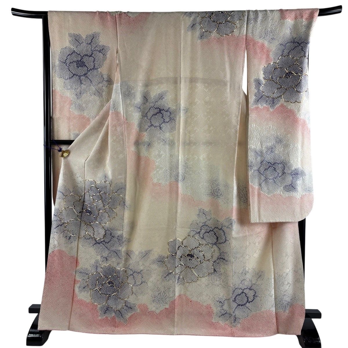 振袖 身丈168cm 裄丈69cm L 袷 やまと 牡丹 雲文 絞り 金糸 クリーム 正絹 秀品 【中古】