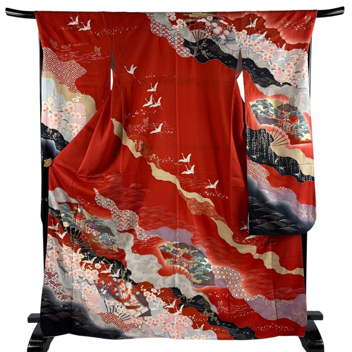 振袖 身丈168cm 裄丈68.5cm L 袷 扇 道長取り 金彩 ぼかし 赤 正絹 秀品 【中古】
