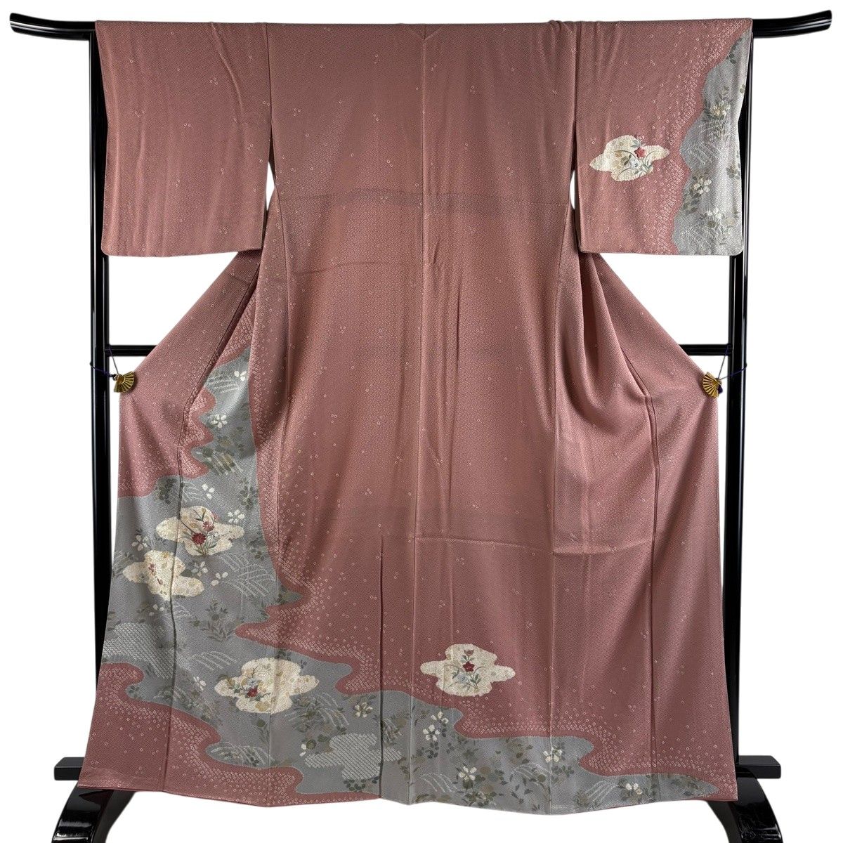 訪問着 身丈163.5cm 裄丈66cm M 袷 霞 草花 絞り 刺繍 ピンク 正絹 秀品 【中古】