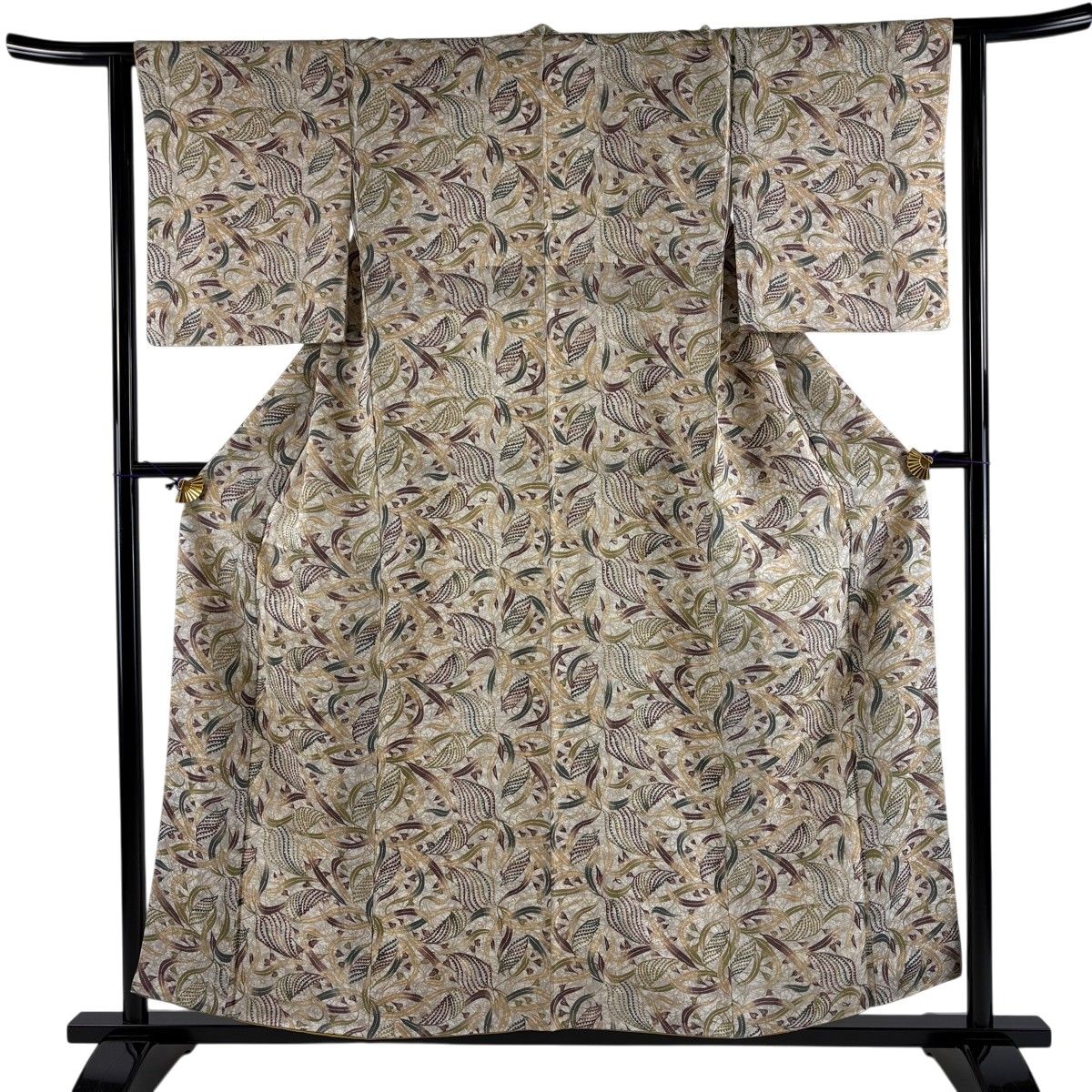 【美品】 小紋 身丈156cm 裄丈62.5cm S 袷 葉柄 灰色 正絹 秀品 【中古】