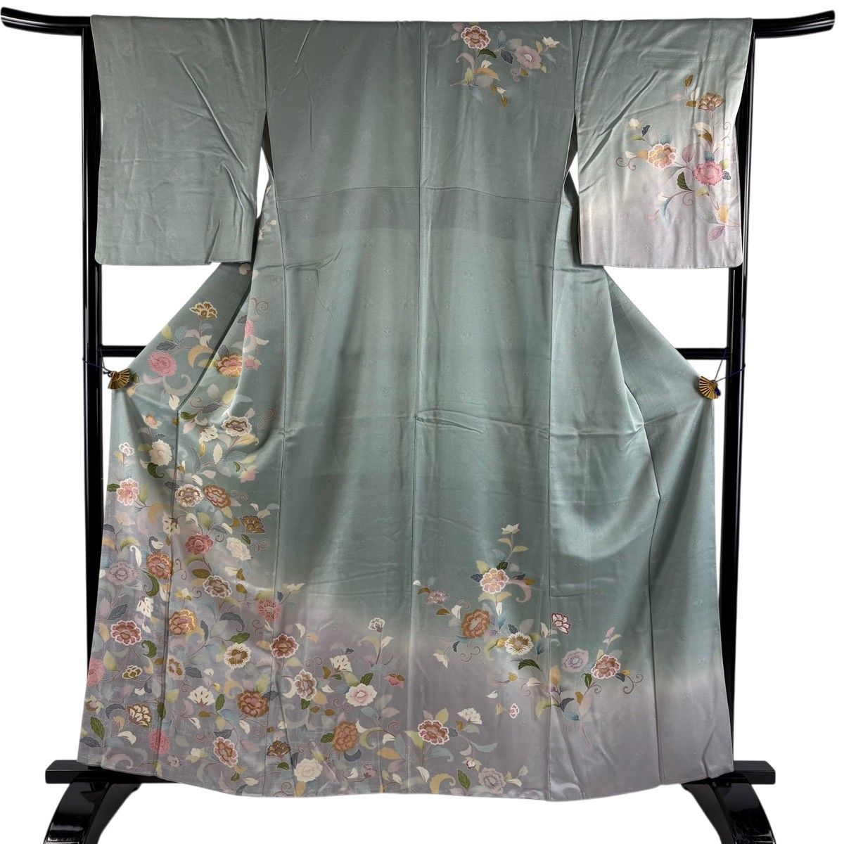 訪問着 身丈160.5cm 裄丈64.5cm M 袷 花唐草 金彩 刺繍 薄緑 正絹 秀品 【中古】