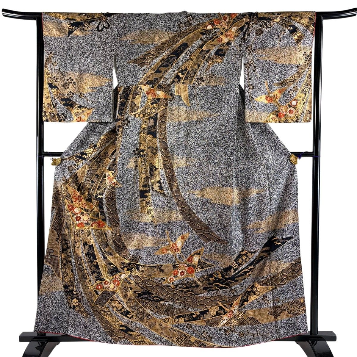 訪問着 身丈159cm 裄丈64cm M 袷 熨斗 鶴 金糸 金彩 黒灰 正絹 秀品 【中古】