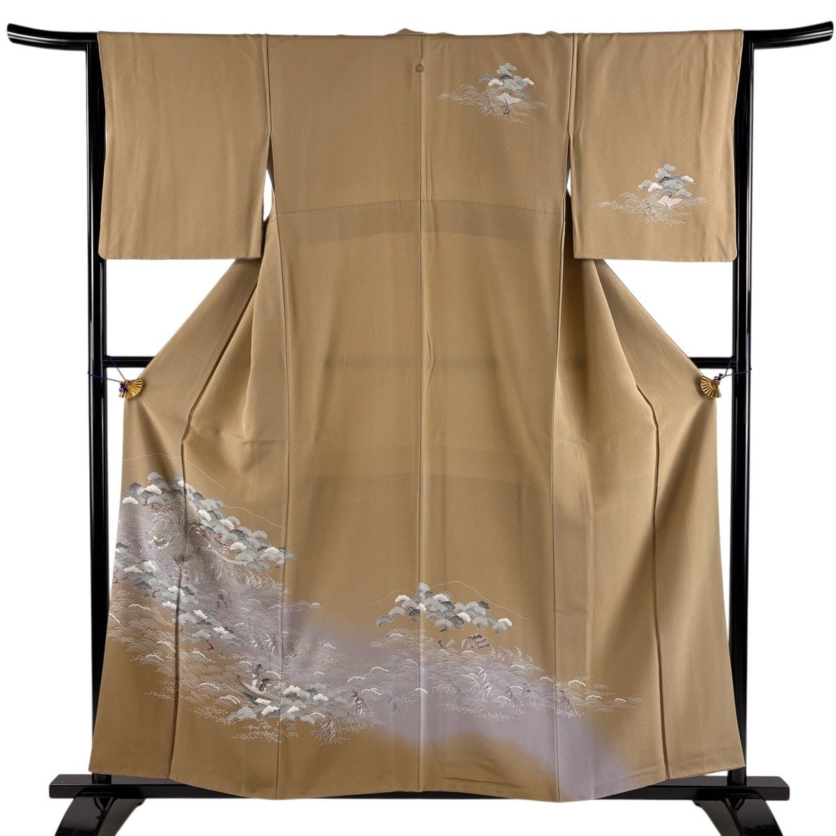 【美品】 訪問着 身丈156cm 裄丈65cm M 袷 松 波 金銀彩 ぼかし 灰茶 正絹 秀品 一つ紋 【中古】