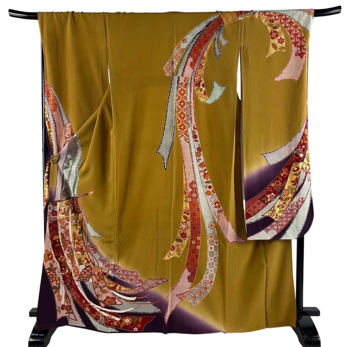 振袖 身丈165.5cm 裄丈70cm L 袷 几帳 草花 金彩 ぼかし 山吹茶色 正絹 秀品 【中古】