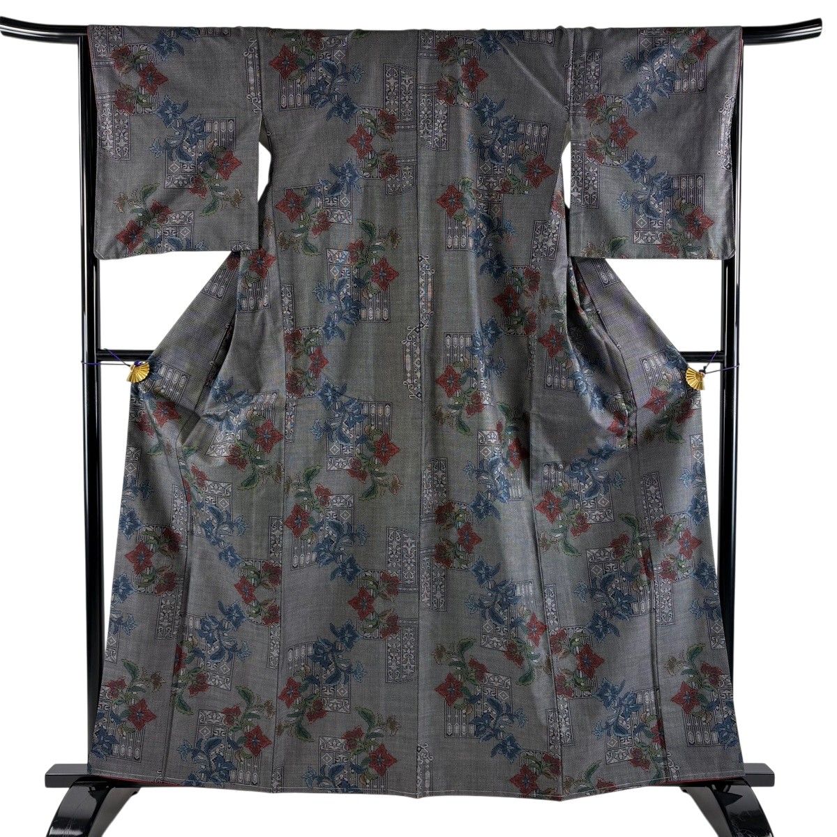 【美品】 大島紬 身丈161.5cm 裄丈65.5cm M 袷 証紙 草花 幾何学 紺色 正絹 秀品 【中古】