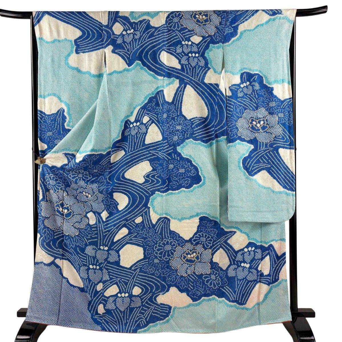 振袖 身丈167cm 裄丈66.5cm M 袷 牡丹 菖蒲 金糸 絞り 青 正絹 秀品 【中古】