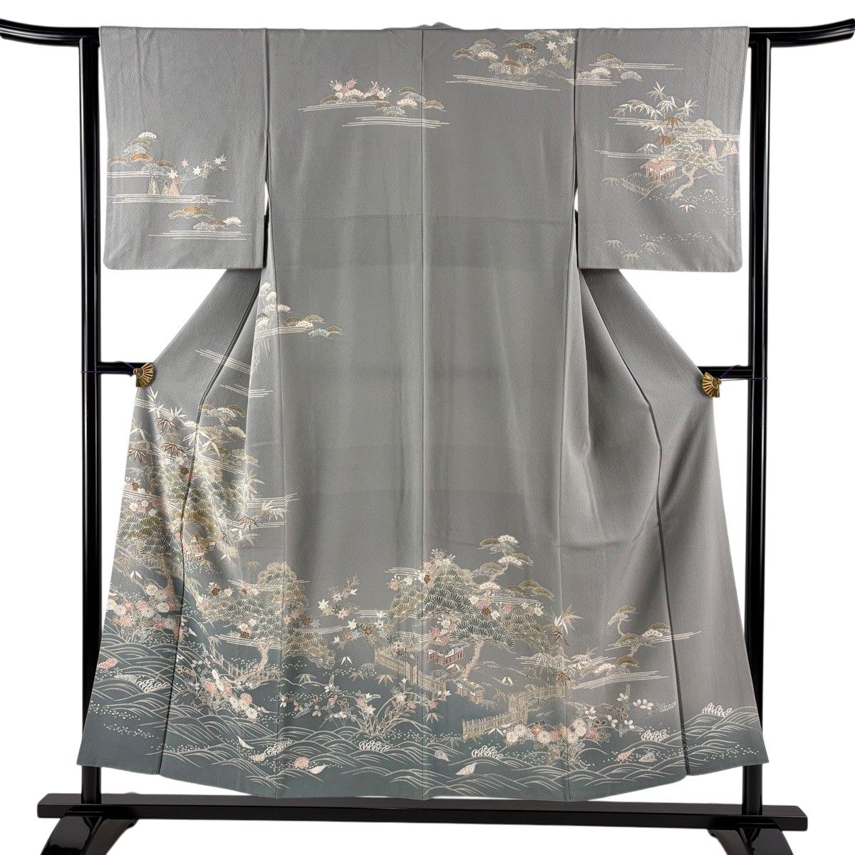 訪問着 身丈152.5cm 裄丈62.5cm S 袷 風景 波 金糸 金彩 灰色 正絹 秀品 【中古】
