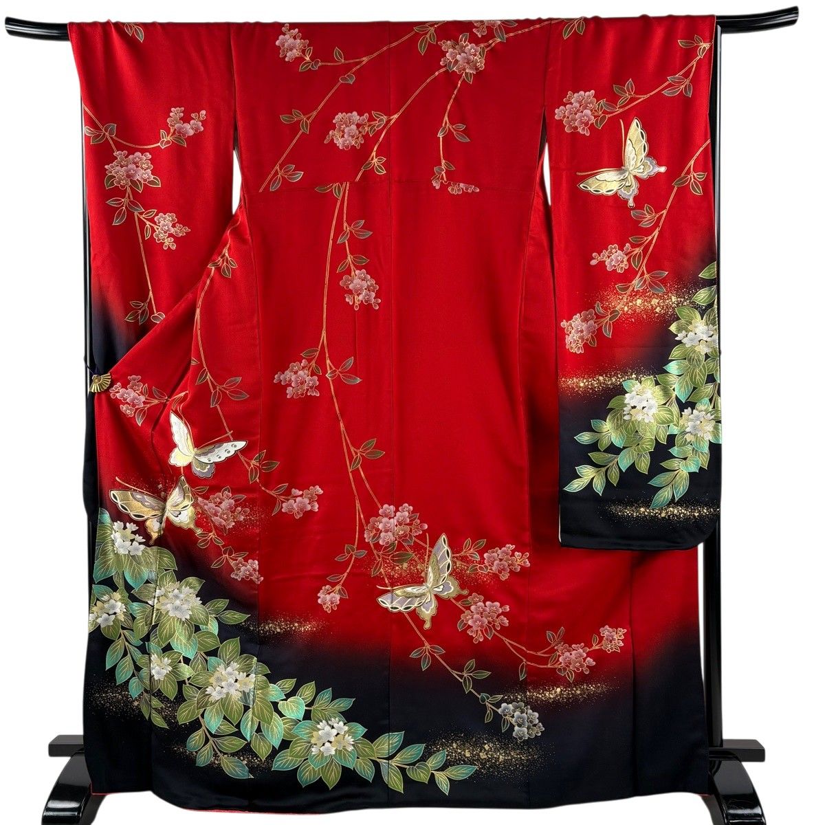 振袖 身丈170cm 裄丈68cm L 袷 鈴乃屋 蝶 草花 金銀彩 ぼかし 赤 正絹 秀品 【中古】