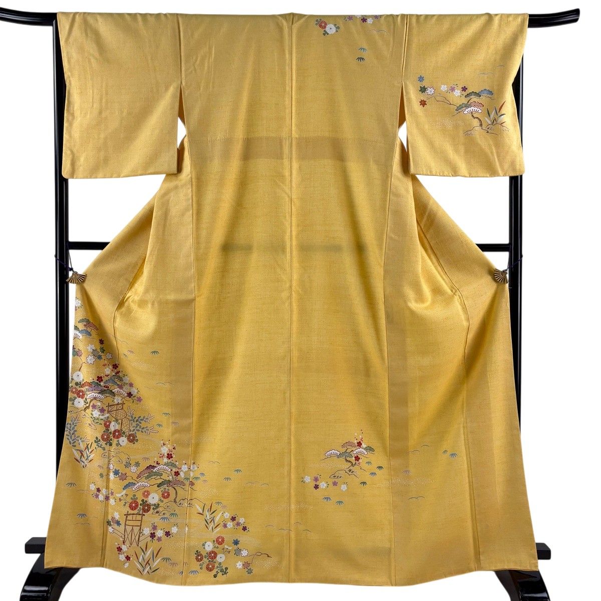【美品】 訪問着 身丈166cm 裄丈66.5cm M 袷 紬地 松竹梅 菊 黄色 正絹 秀品 【中古】