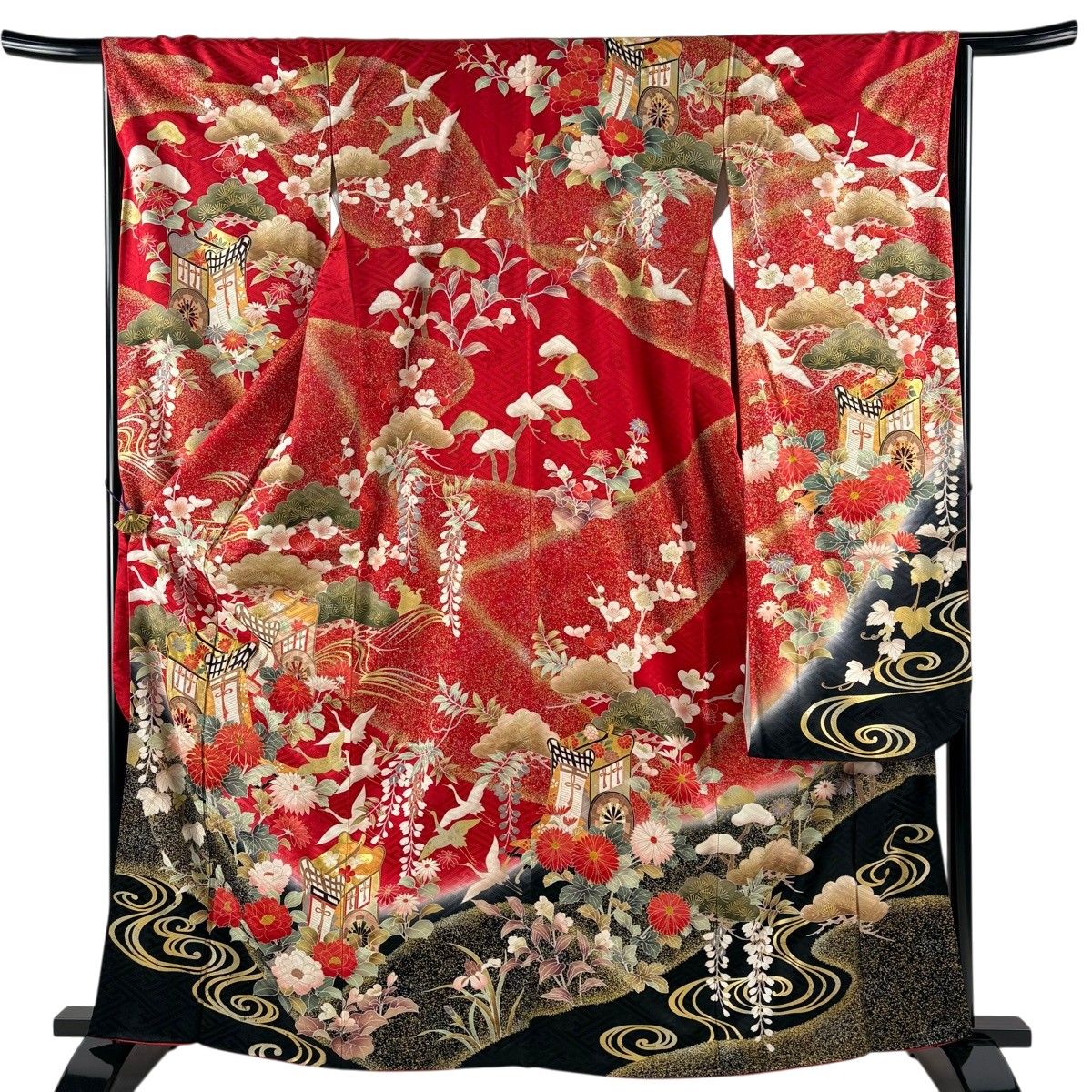 振袖 身丈163.5cm 裄丈65cm M 袷 御所車 花鳥 金糸 金彩 赤 正絹 秀品 【中古】