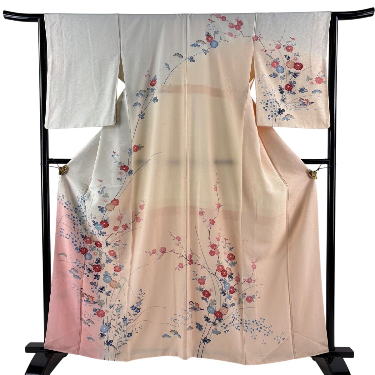 訪問着 身丈161cm 裄丈63cm S 袷 菊 鴛鴦 染め分け ぼかし 灰白 正絹 秀品 【中古】