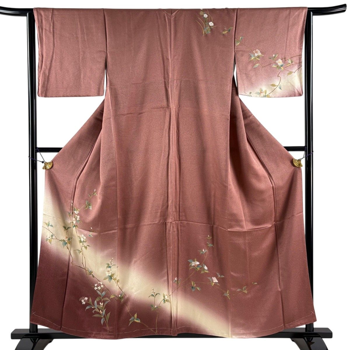 【美品】 訪問着 身丈158.5cm 裄丈64cm M 袷 枝花 螺鈿 金彩 小豆色 正絹 秀品 【中古】