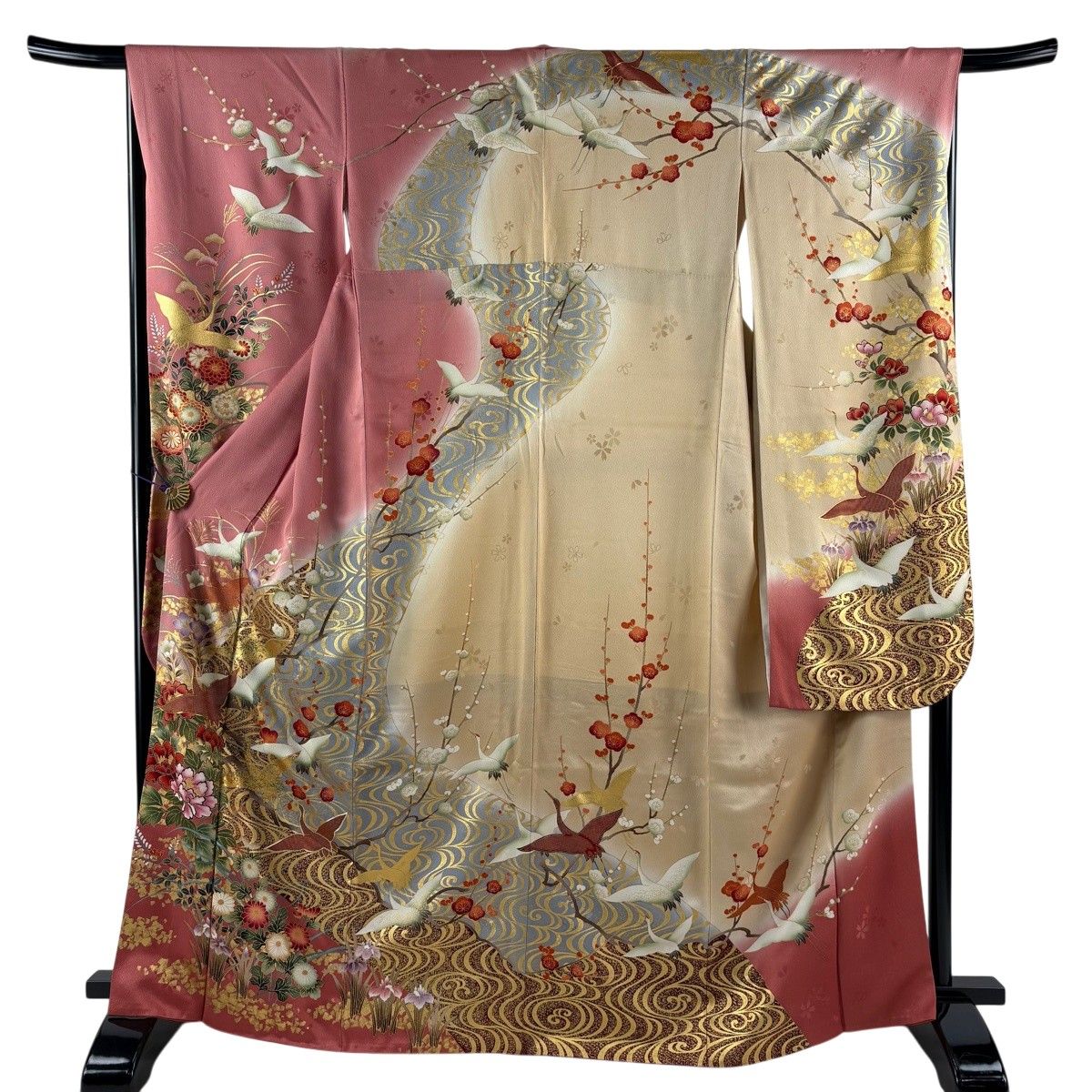振袖 身丈166cm 裄丈67cm M 袷 草花 鶴 金糸 金彩 ピンク 正絹 秀品 【中古】