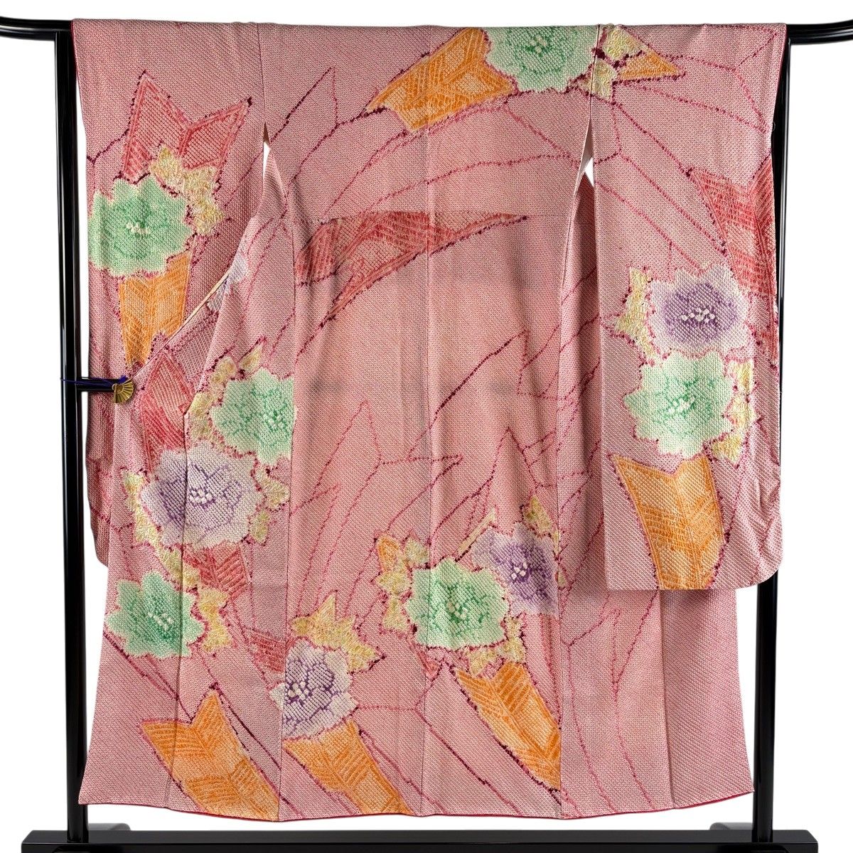 振袖 身丈150cm 裄丈64cm M 袷 草花 絞り ピンク 正絹 秀品 【中古】