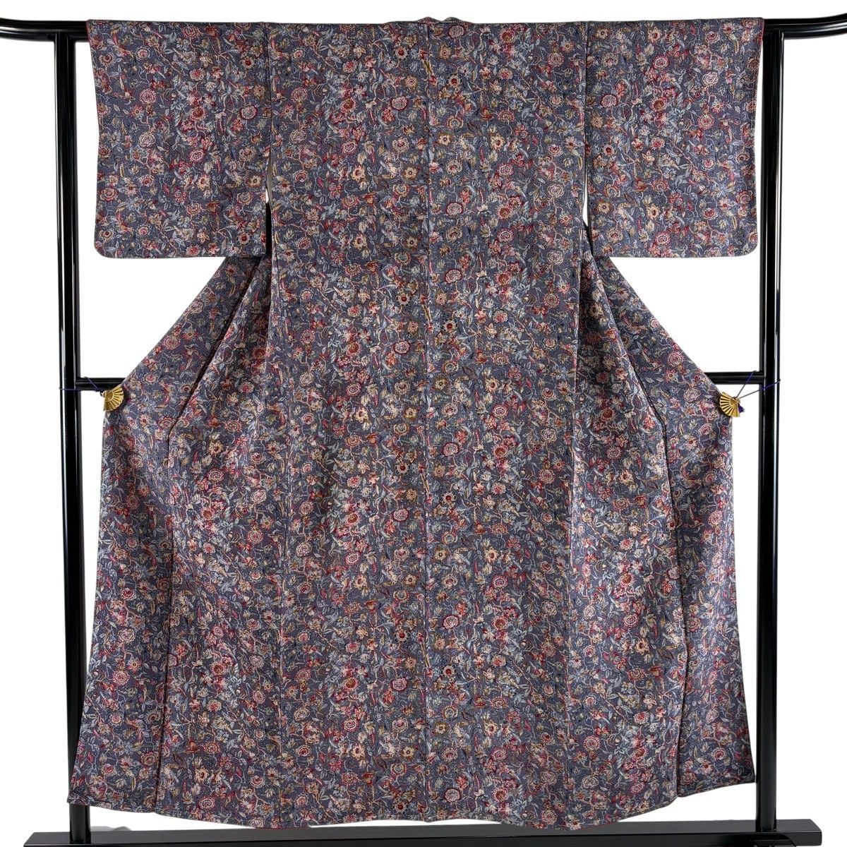 【美品】 小紋 身丈153.5cm 裄丈61cm S 袷 草花 縮緬 灰紫 正絹 秀品 【中古】