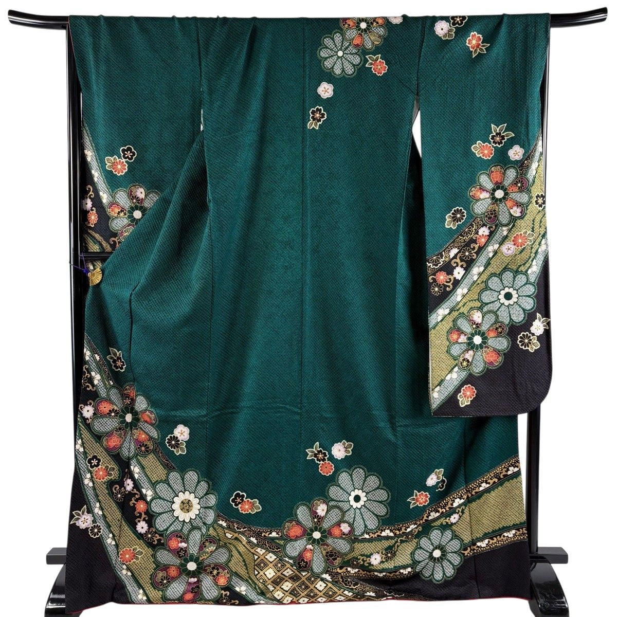 振袖 身丈171cm 裄丈68cm L 袷 菊 桜 絞り 金彩 深緑 正絹 秀品 【中古】 6,336円