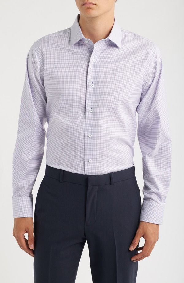 ロレンゾウオモ メンズ トップス シャツ ミニ コットン Lorenzo Uomo Trim Fit Mini Grid Textu red Cotton Dresshirt White Purple
