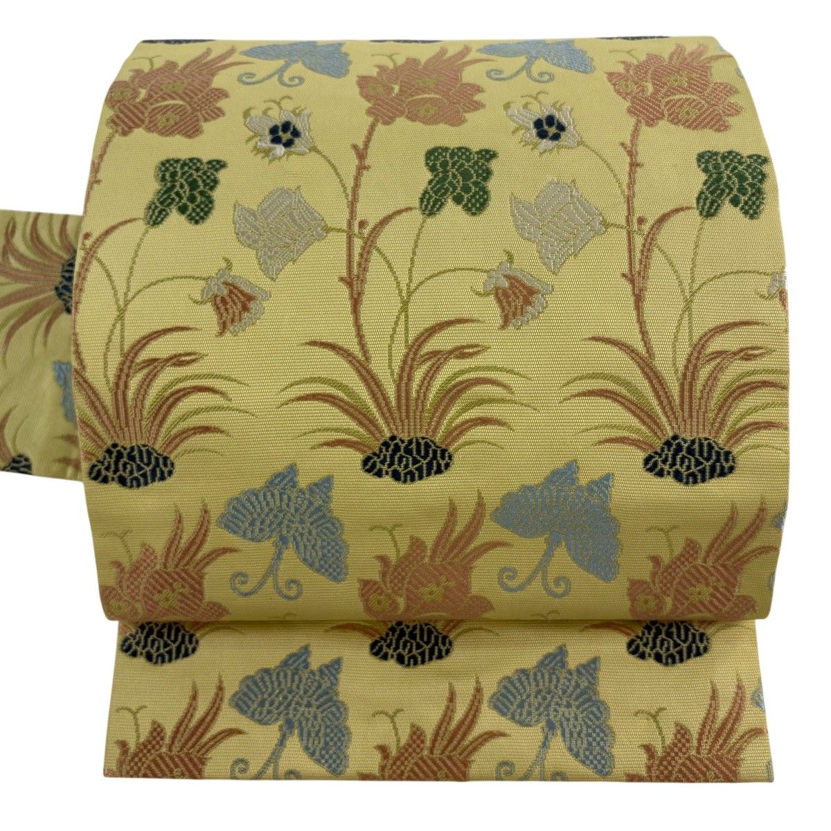 名古屋帯 逸品 草花 蝶 抹茶色 正絹 【中古】