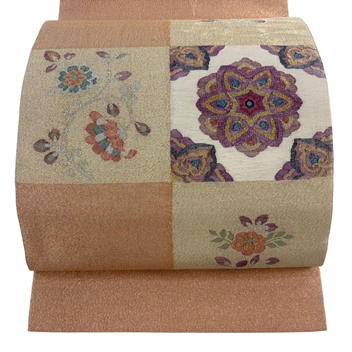 【美品】 袋帯 逸品 帝王紫 落款 華文 草花 金銀糸 箔 サーモンピンク お太鼓柄 正絹 【中古】