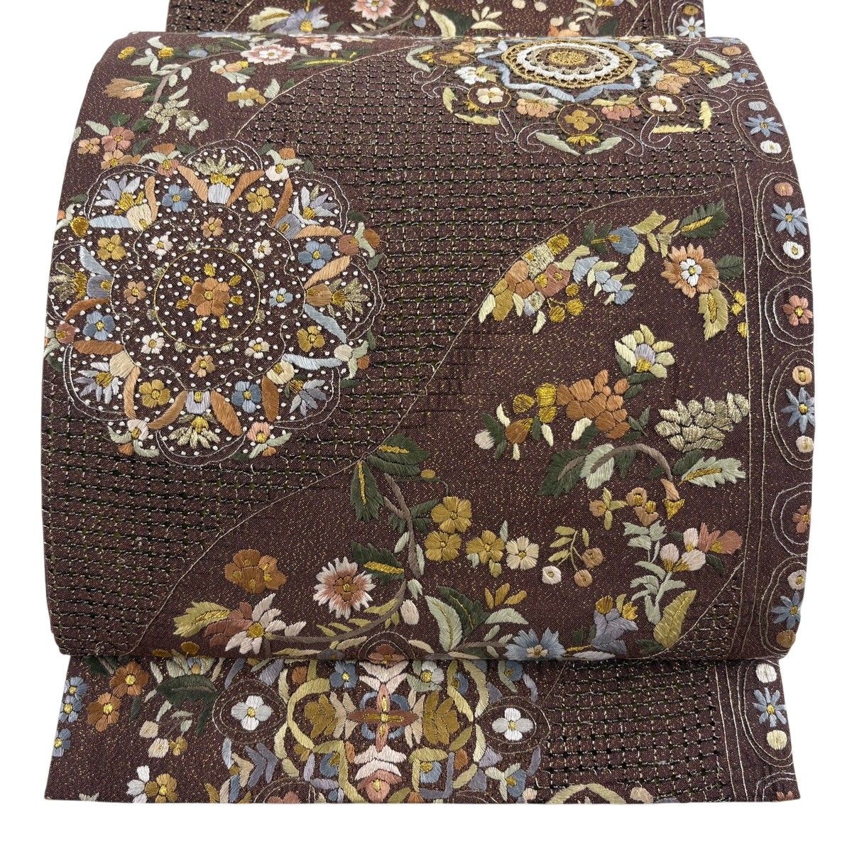 袋帯 逸品 華文 草花 刺繍 金銀糸 茶紫 六通 正絹 【中古】