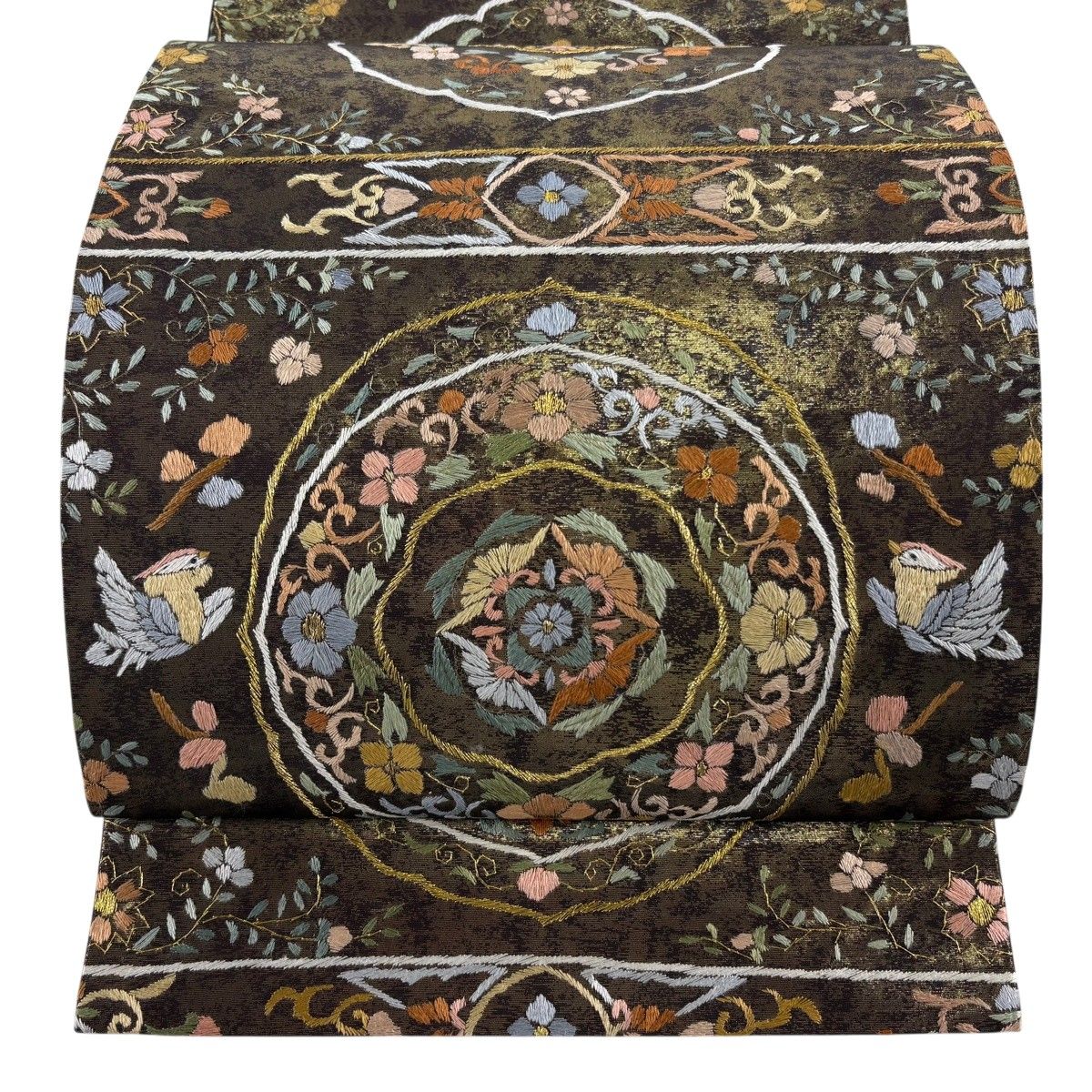 袋帯 逸品 華文 花鳥 金糸 箔 金茶 六通 正絹 【中古】