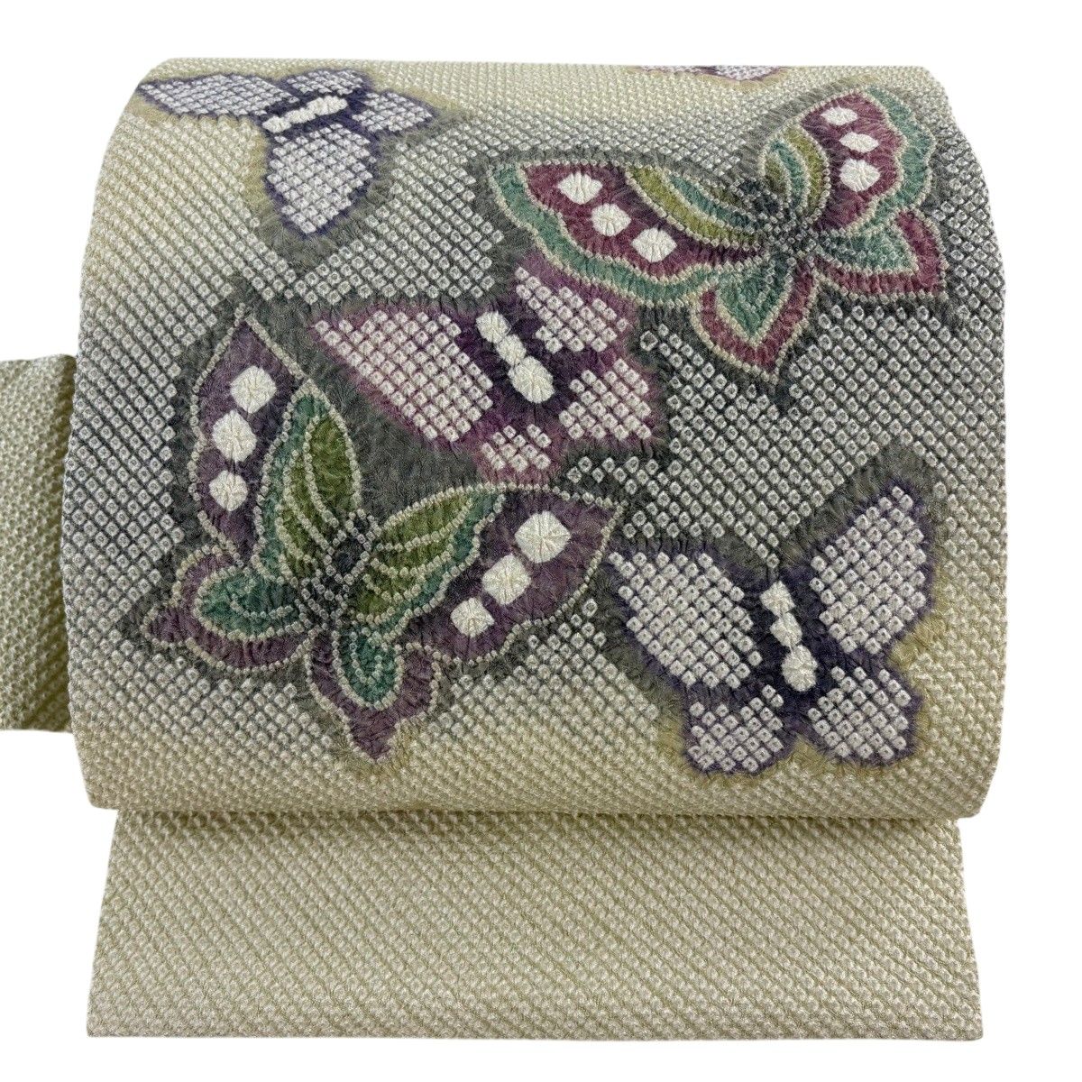 【美品】 名古屋帯 逸品 蝶 絞り 灰緑 正絹 【中古】