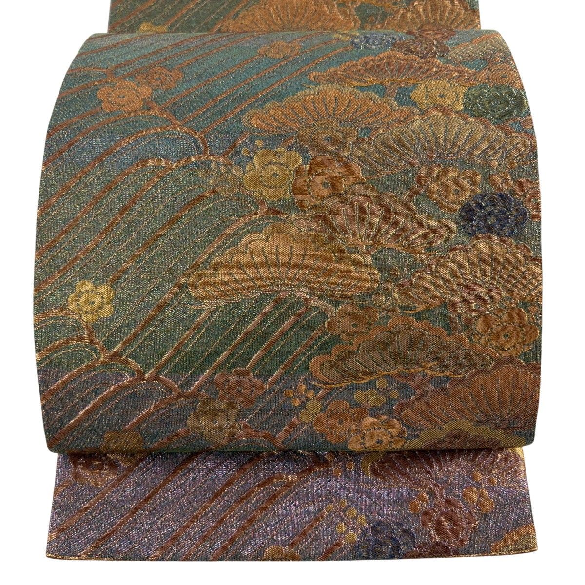袋帯 逸品 関西仕立て 松梅 波 箔 金糸 緑 六通 正絹 【中古】