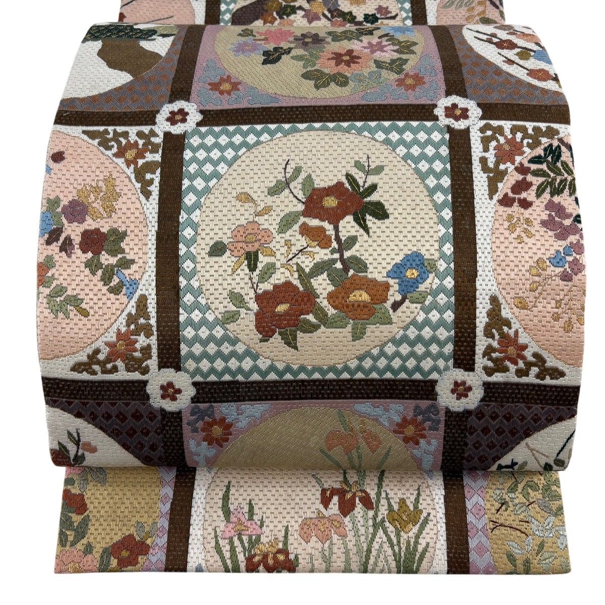 袋帯 逸品 丸文 草花 金糸 茶色 全通 正絹 【中古】