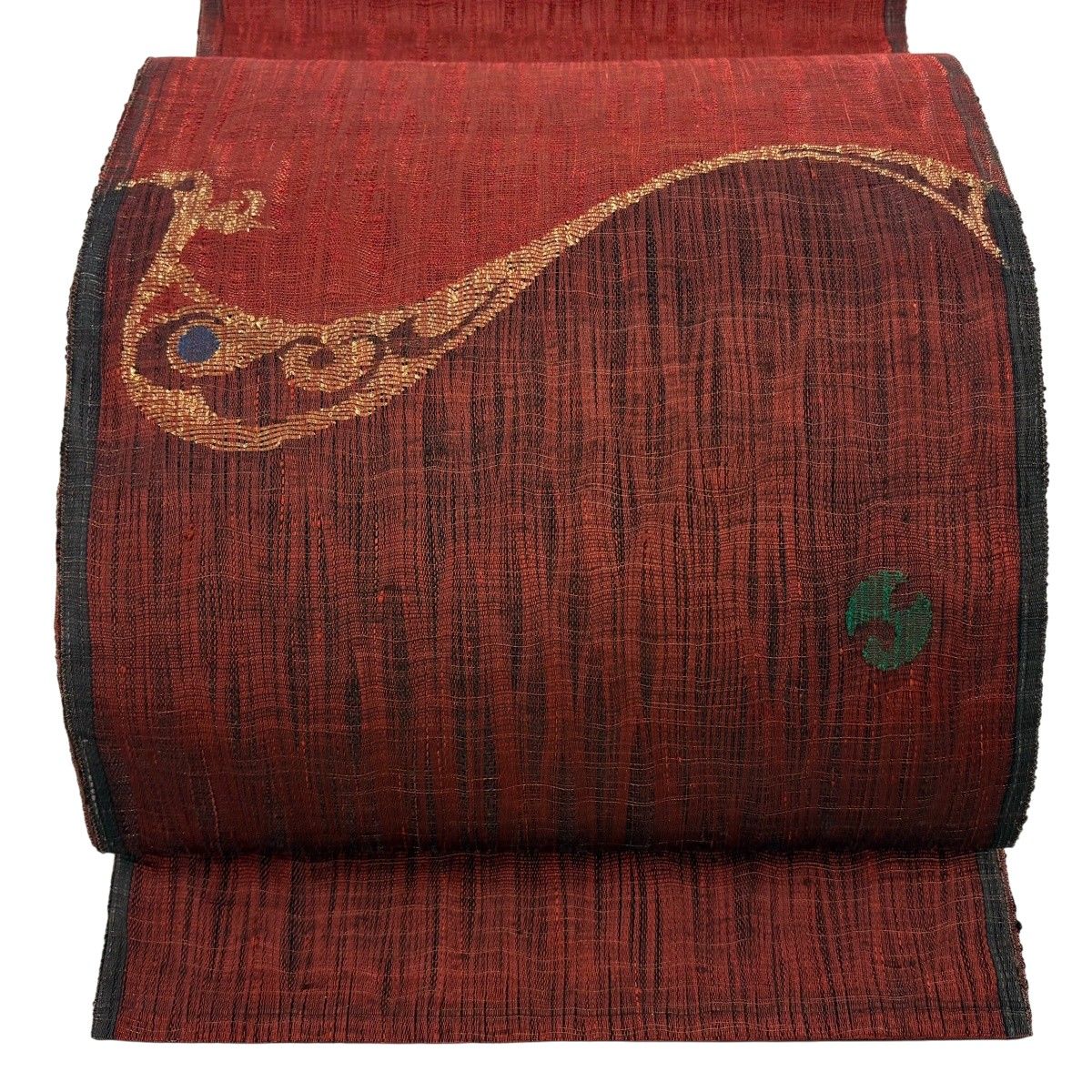 【美品】 袋帯 逸品 渡文 落款 鳥 金通し 金糸 赤茶 お太鼓柄 正絹 【中古】