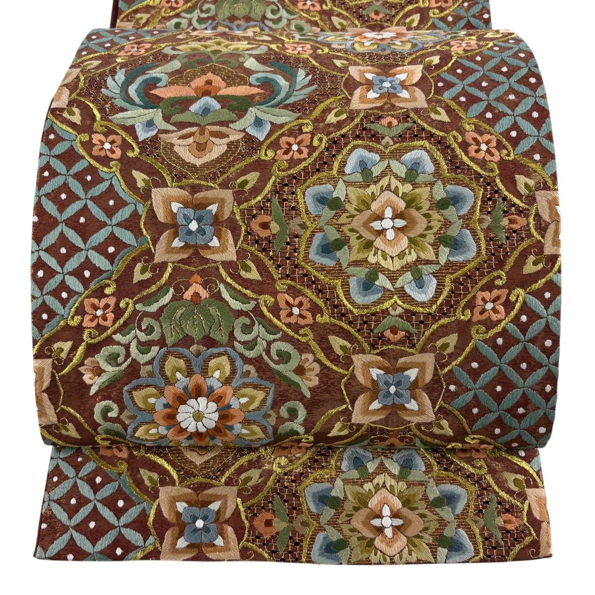 袋帯 逸品 華文 七宝 刺繍 箔 茶色 六通 正絹 【中古】