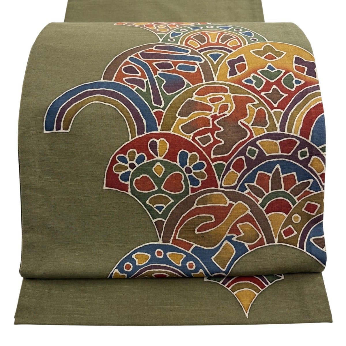 【美品】 袋帯 秀品 証紙 紬地 草花 幾何学 茶緑色 お太鼓柄 正絹 【中古】