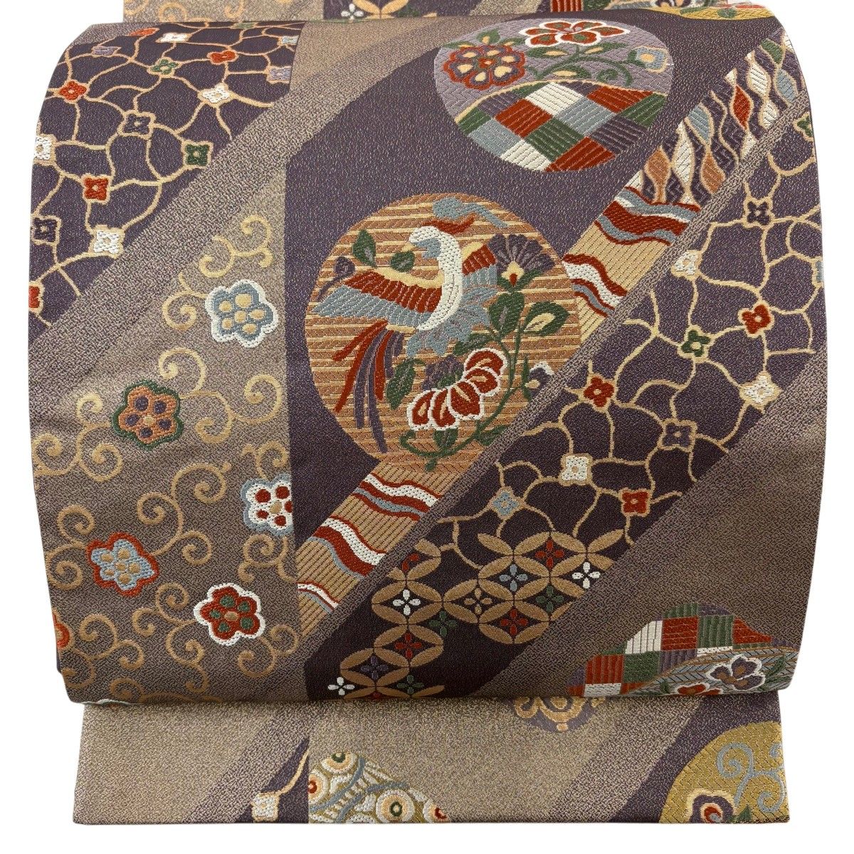 【美品】 袋帯 秀品 花鳥 七宝 箔 金通し 茶紫 六通 正絹 【中古】