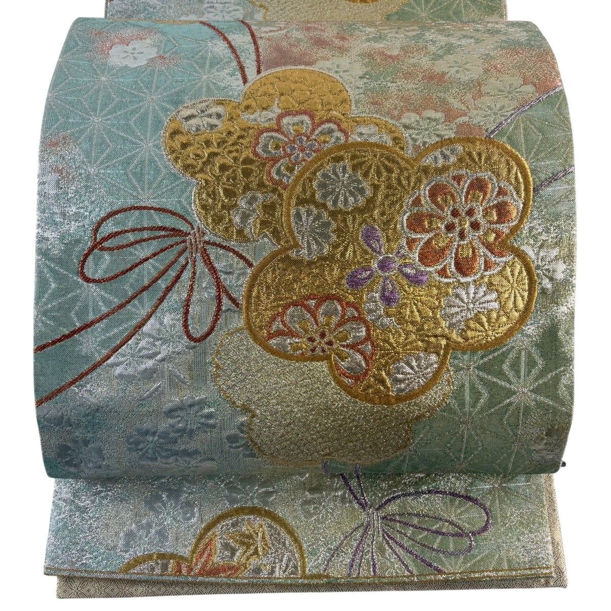 美品】 袋帯 秀品 振袖向き 花 麻の葉 箔 金糸 薄緑 六通 正絹 【中古