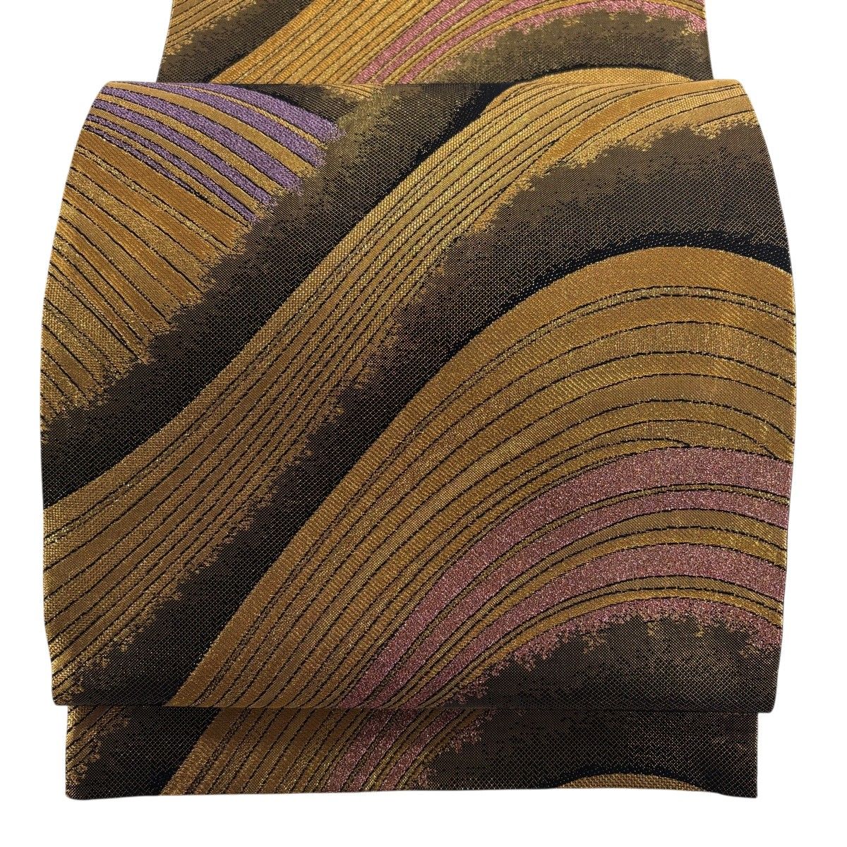 【美品】 袋帯 秀品 振袖向き 波 箔 金糸 金色 六通 正絹 【中古】