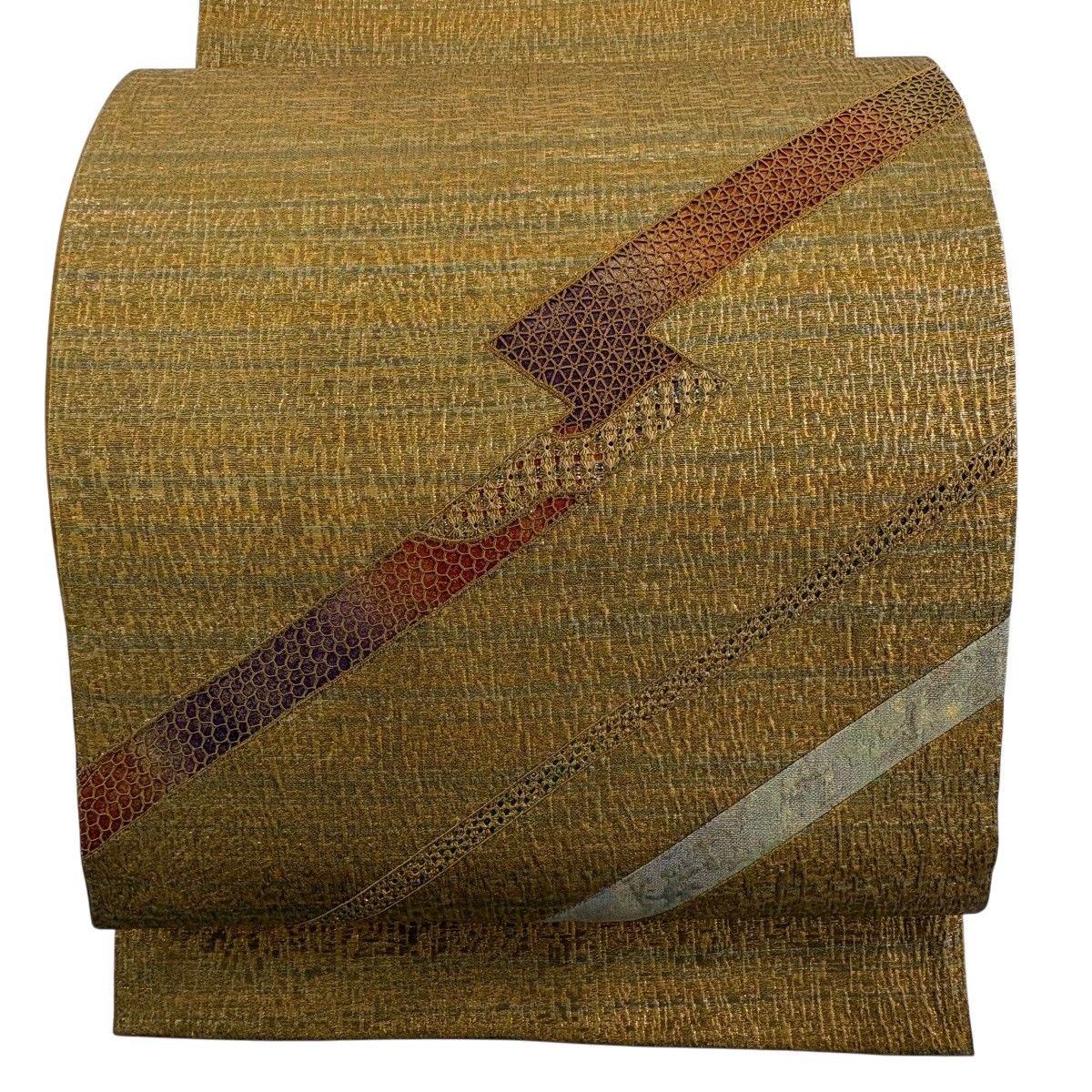 【美品】 袋帯 秀品 証紙 大島紬地 幾何学 箔 茶色 お太鼓柄 正絹 【中古】