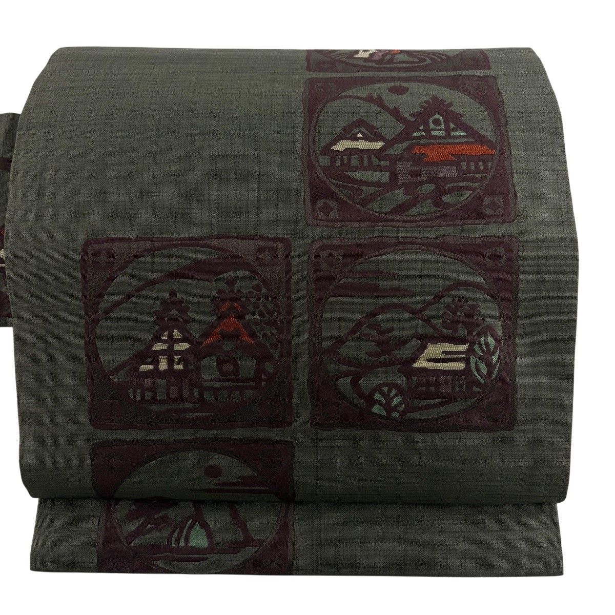 【美品】 名古屋帯 秀品 家屋 山並み 茶緑色 正絹 【中古】