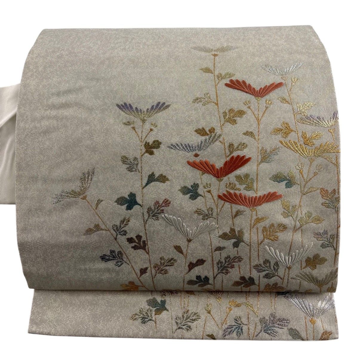 名古屋帯 秀品 菊 箔 刺繍 ベージュ 正絹 【中古】