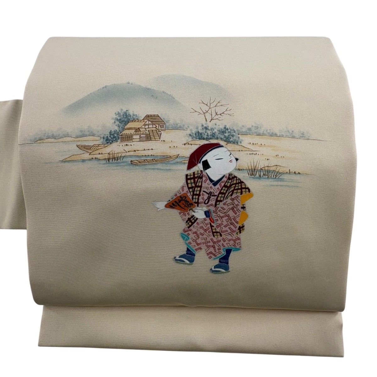 【美品】 名古屋帯 秀品 落款 童 風景 ベージュ 正絹 【中古】