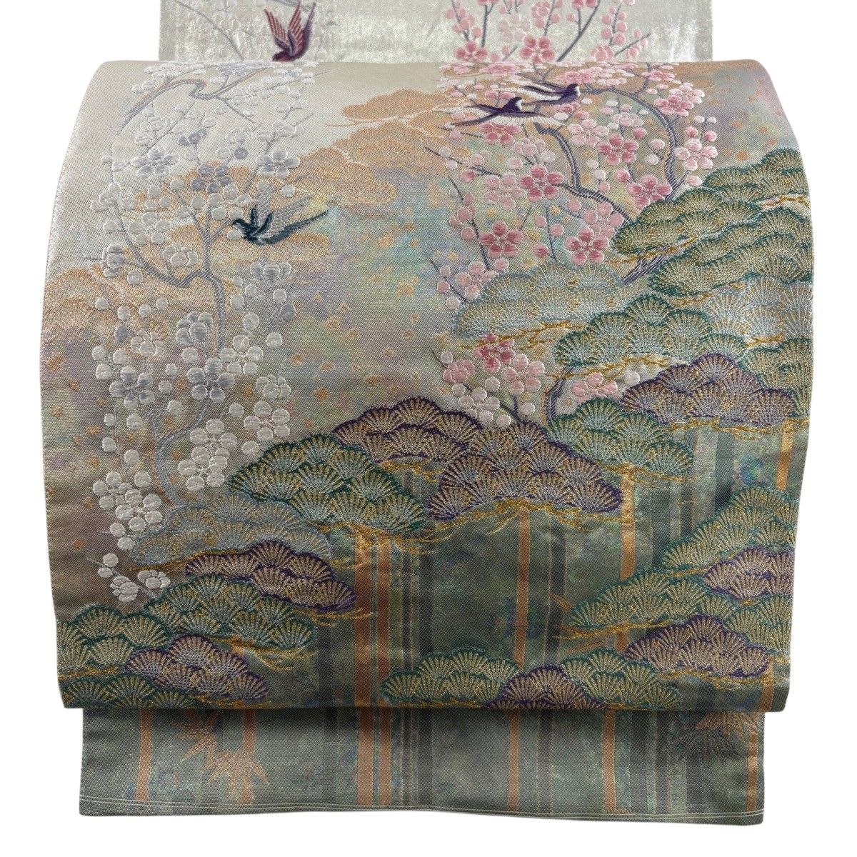 【美品】 袋帯 秀品 関西仕立て 松竹梅 鳥 箔 刺繍 緑 お太鼓柄 正絹 【中古】