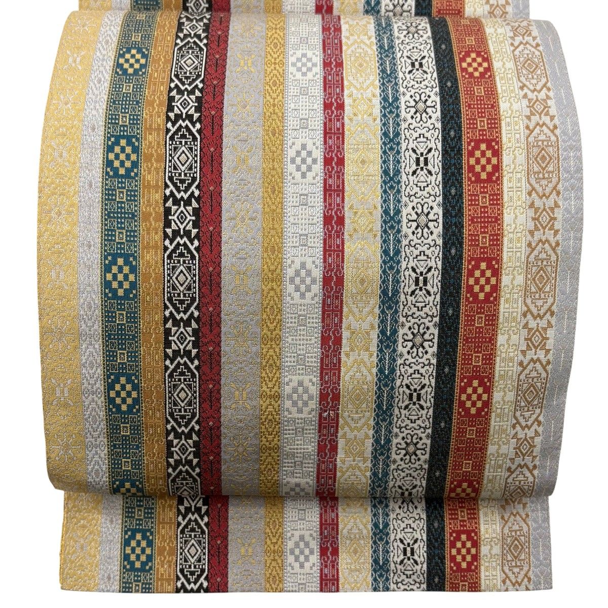 【美品】 名古屋帯 秀品 八寸名古屋帯 縞 幾何学 灰色 正絹 【中古】