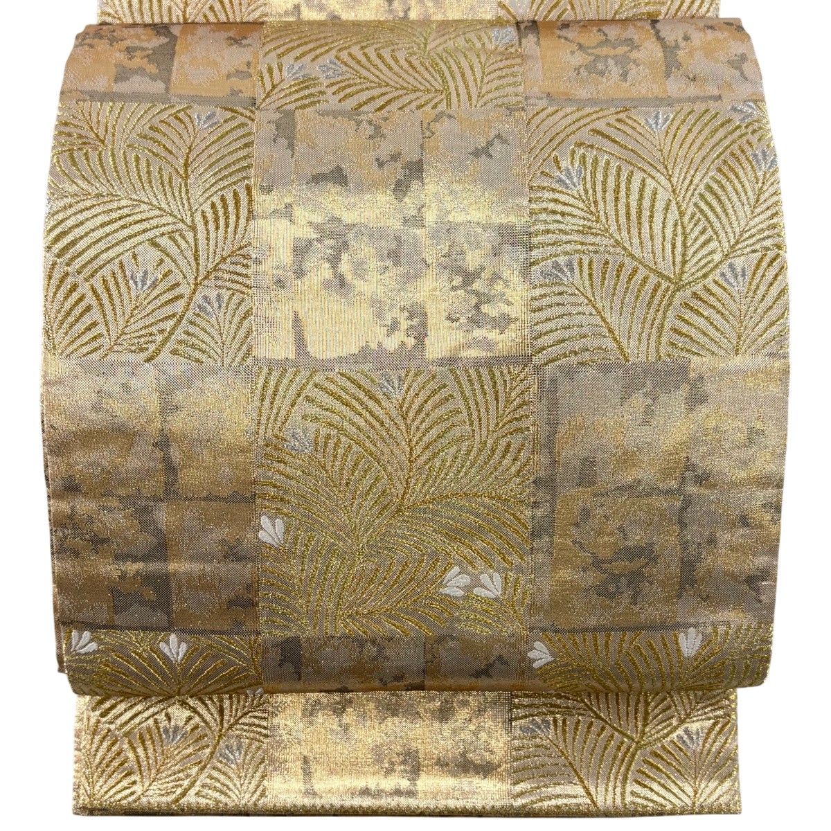 【美品】 袋帯 秀品 証紙 傳統工芸士 若松 市松 金銀糸 箔 金色 全通 正絹 【中古】