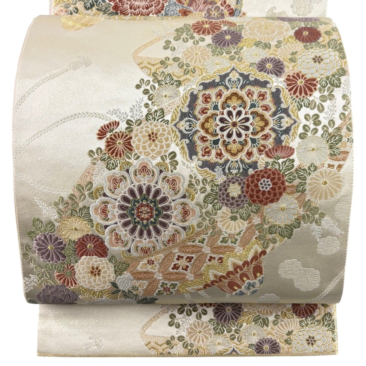【美品】 袋帯 秀品 瑞華花笠文 金糸 箔 クリーム 六通 正絹 【中古】