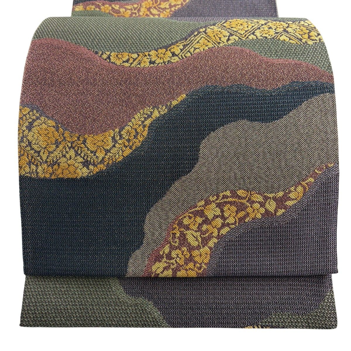 【美品】 袋帯 秀品 花唐草 道長取 箔 灰紫 六通 正絹 【中古】
