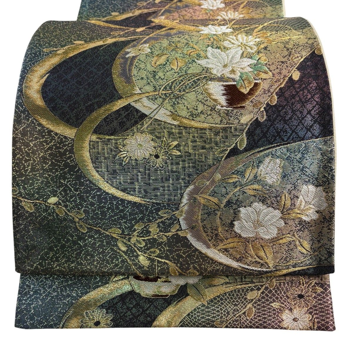 【美品】 袋帯 秀品 花器 幾何学模様 箔 金糸 青緑 六通 正絹 【中古】