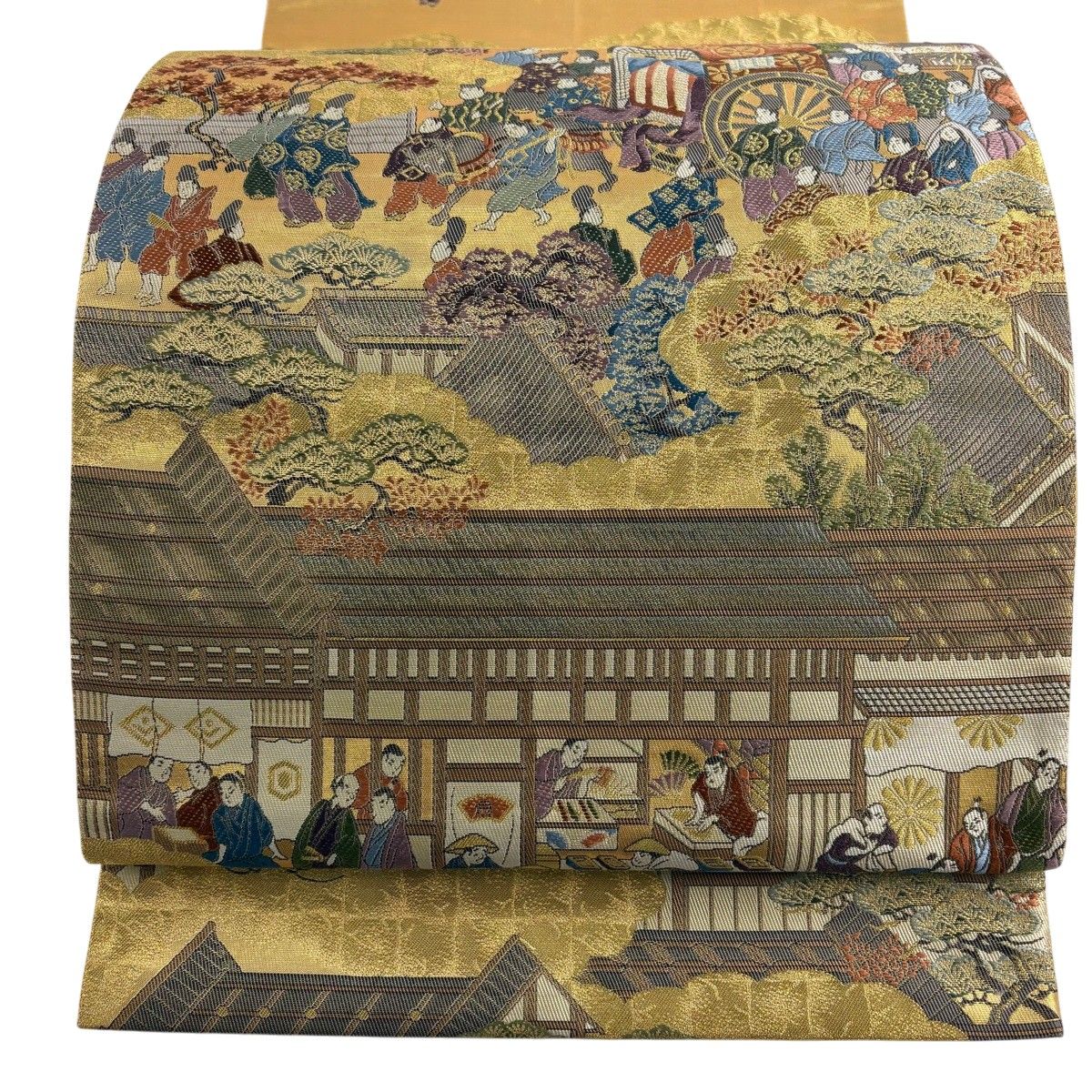 【美品】 袋帯 秀品 風景 人物 箔 唐織 金色 六通 正絹 【中古】
