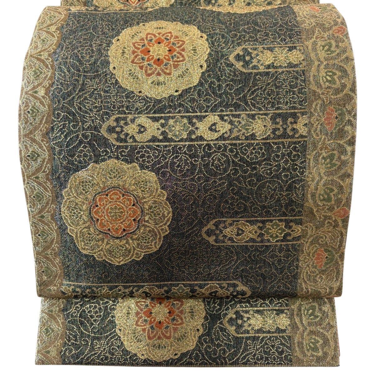 【美品】 袋帯 秀品 正倉院華紋 花唐草 箔 金糸 深緑 六通 正絹 【中古】